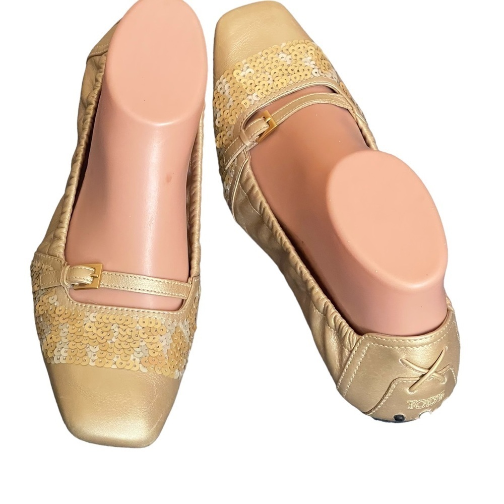TOD'S Gold and Sequin Square toe flats size 8